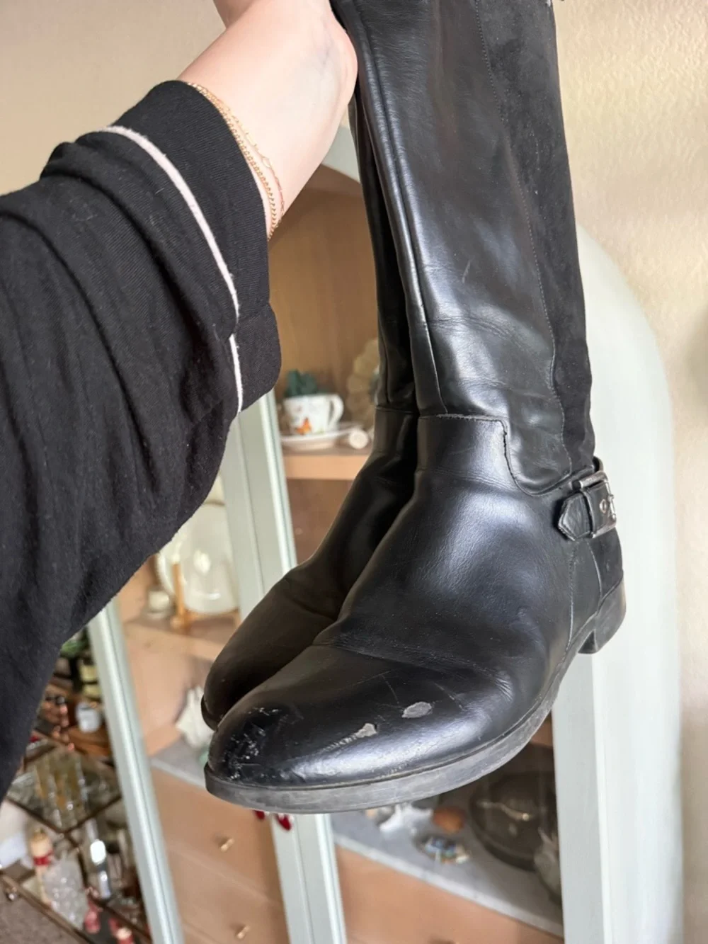 10W Liz Claiborne Black Over-the-Knee Leather Boots with Buckle Detail